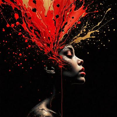 The primary subject of the image is a woman with a striking appearance. She has a unique and artistic look, with her head adorned with a red and gold headpiece. The setting is a dark background, which adds to the dramatic and mysterious atmosphere of the scene. The visual style of the image is a combination of digital art and illustration, creating a striking and eye-catching portrait. The colors and mood of the image are bold and vibrant, with the red and gold headpiece standing out against the dark background.
